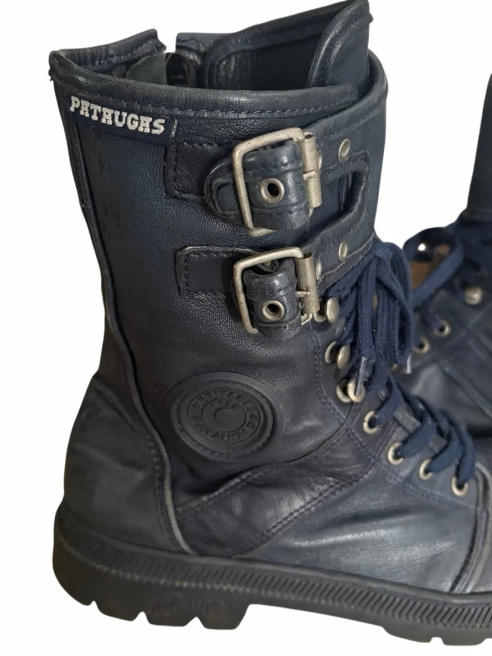 Pataugas black leather moto style buckle boots, side zip, lace up , sz 38/5/7.5.